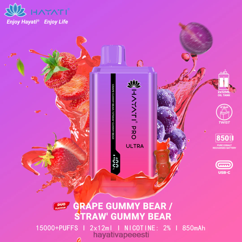 Hayati Eesti - Hayati Pro Ultra ühekordselt kasutatav 15000 pihustust grape gummy bear/strawberry gummy bear N6LJBF221