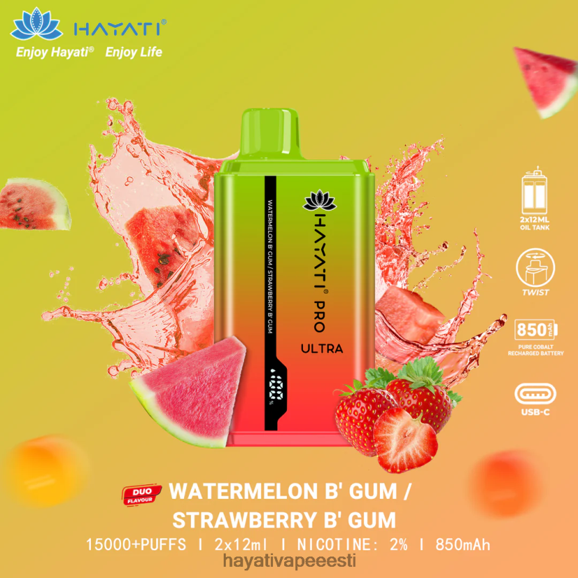 Hayati Flavours Eesti - Hayati Pro Ultra ühekordselt kasutatav 15000 pihustust arbuusi närimiskumm/maasika närimiskumm N6LJBF227