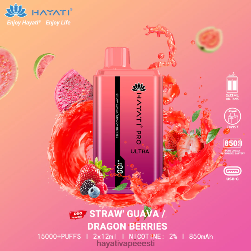 Hayati Vape Flavours - Hayati Pro Ultra ühekordselt kasutatav 15000 pihustust maasikas guajaav/draakoni marjad N6LJBF224