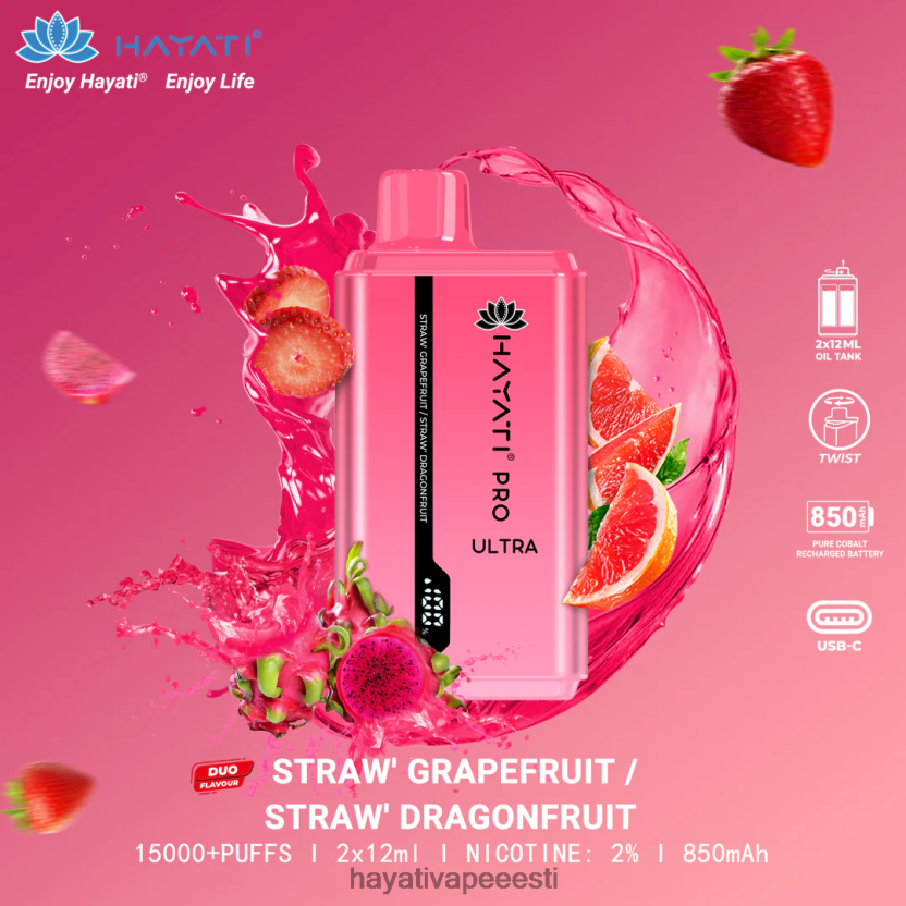 Hayati Vape Review - Hayati Pro Ultra ühekordselt kasutatav 15000 pihustust maasika greip/maasikas draakonipuu N6LJBF226